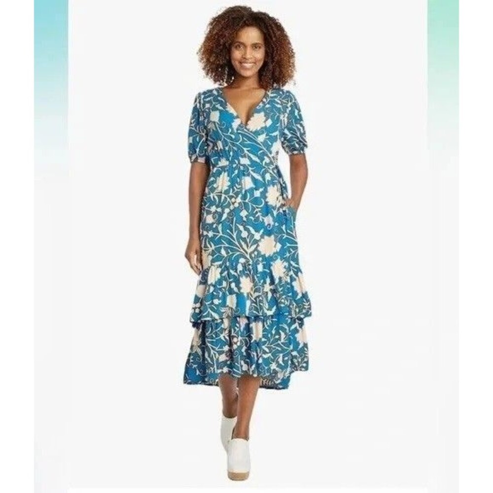 Knox Rose Small Wrap Midi Dress Blue White Ruffled Tiered Floral Short Sleeve